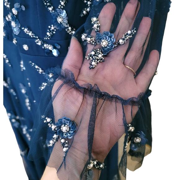 Mac Duggal 9263 Navy Ocean Blue Embellished Flutter Sleeve High Neck Gown 16W - Picture 4 of 9